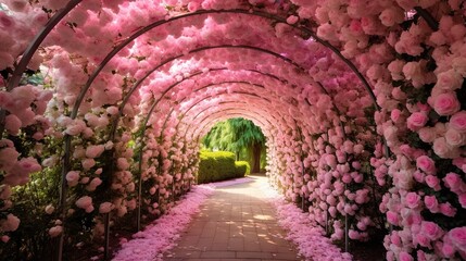 Obraz premium a walkway lined with pink flowers in a park area with a walkway. generative ai