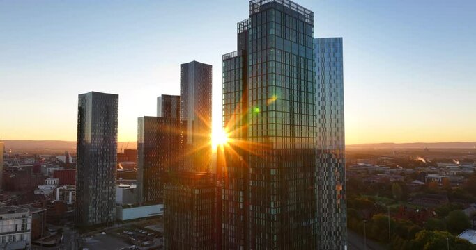 Beautiful sunrise over deansgate square towers in Manchester