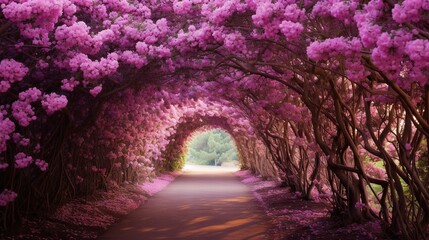  a tunnel of trees with purple flowers on the sides of it.  generative ai