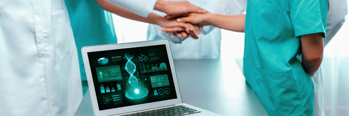 Biotechnology in medical concept shown DNA data analyzer software on laptop with collaboration of...