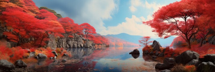 View of a japanese landscape, red autumn foliage - AI Generated - obrazy, fototapety, plakaty