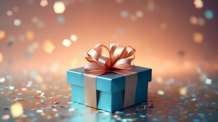 A blue gift box with a bow on top of it