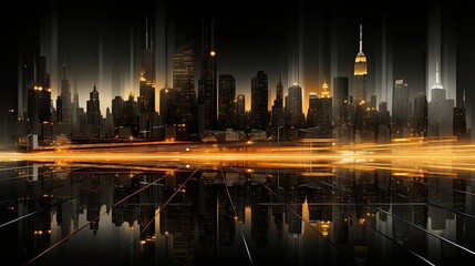 Fototapeta na wymiar AI-generated panoramic landscape illustration of a city skyline with a streak of light on its horizon line. MidJourney.