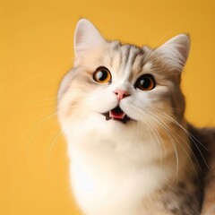 smiling cat on yellow background with space for copy created with generative ai