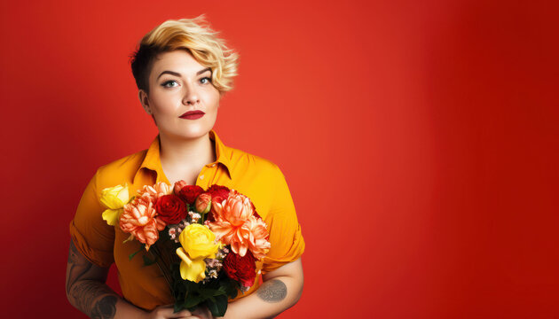 modern young woman with red lips holding a bouquet of flowers banner 
