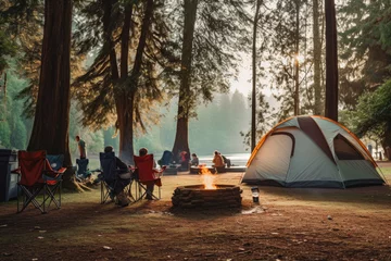  Campers at campsite. Camping tent in a camping in a forest. Camping site with a caravan and a four wheel drive parked under a tree © VisualProduction