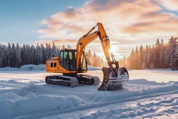 Foto op Canvas Construction site crawler excavator stands in a winter scenery. Construction during winter and snow, stranded in winter conditions. © VisualProduction