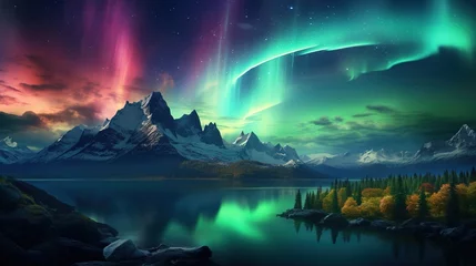 Poster Aurora Borealis or Northern Lights, snowy scenery landscape at night. Great for Relaxing Ambient backgrounds. Polar lights, winterscape concept © Bettina