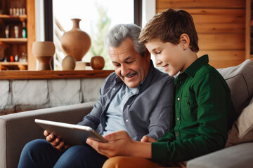 Grandfather and grandson using tablet on sofa. Grandson teaching his grandfather to use a mobile tablet. Two generation spending time together. - obrazy, fototapety, plakaty