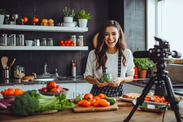 Happy food blogger recording video recipe of healthy food in her kitchen. Home studio for recording recipes of food blogger.