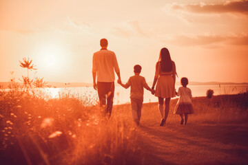 Obraz premium Happy family mother father children son and daughter on field walking into sunset together. Family support and love concept.