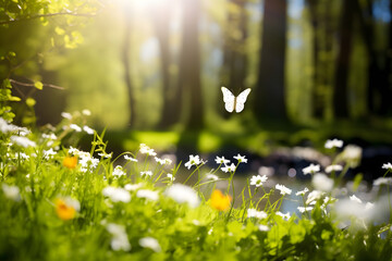 Forest glade with lots of white spring flowers and butterflies on a sunny day  - obrazy, fototapety, plakaty