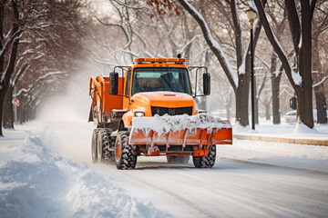 Salting the highway maintenance truck on road. Snow plow truck doing snow removal after blizzard on snowy road. Road safety in winter conditions.