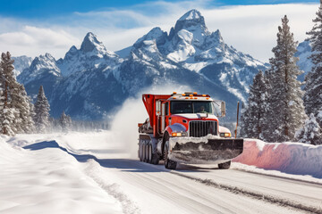 Salting the highway maintenance truck on road. Snow plow truck snow removal after blizzard in Teton national park. Road safety winter conditions. - obrazy, fototapety, plakaty