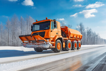 Salting the highway maintenance truck on road. Snow plow truck on snowy road. Road safety in winter conditions.