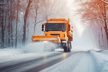 Salting the highway maintenance truck on road. Snow plow truck on snowy road. Road safety in winter conditions.