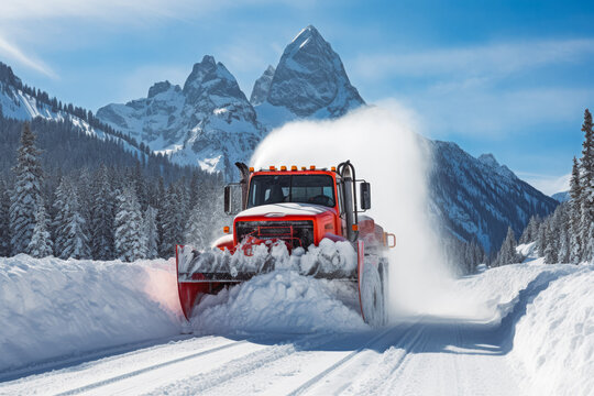 Salting the highway maintenance truck on road. Snow plow truck snow removal after blizzard in Teton national park. Road safety winter conditions.