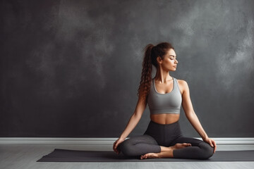 Young woman doing yoga on yoga mat. Young woman exercising at home. Peaceful beautiful woman doing exercises at home in her studio. - Powered by Adobe