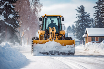Yellow bulldozer cleaning snow on a winter day to clear road after the blizzard. Snow plow truck on snowy road. Road safety in winter conditions.