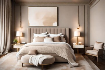 A Canvas Frame for a mockup set gracefully against a modern bedroom's muted taupe wall, illuminated by soft, adjustable wall sconces