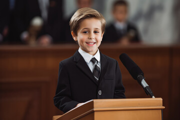 Young senator having a speech. Child senator giving a speech in big corporate environment. Confident child in suit giving a speech. - obrazy, fototapety, plakaty