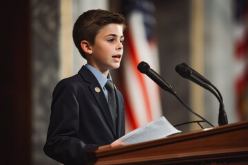 Young senator having a speech. Child senator giving a speech in big corporate environment. Confident child in suit giving a speech.