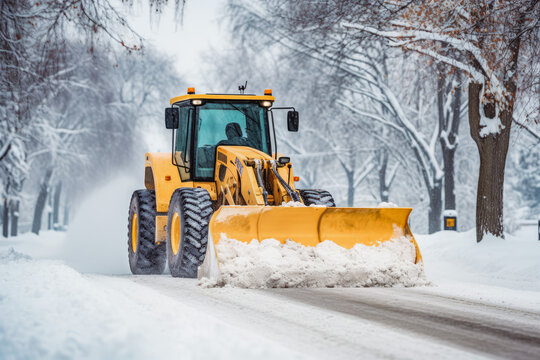 Yellow bulldozer cleaning snow on a winter day to clear road after the blizzard. Snow plow truck on snowy road. Road safety in winter conditions.