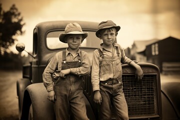 young men in cowboy hats leaning on a vintage car