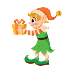 Funny Girl Elf Character with Wrapped Gift Box Vector Illustration