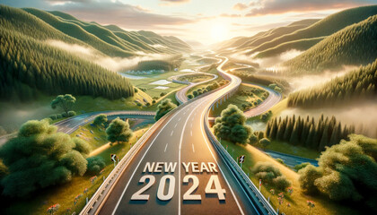 Happy New Year 2024 on the Road to a Very Successful New Year Wallpaper Background Backdrop Card Poster Digital Art