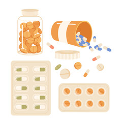 Medical pills, tablets and capsules in plastic bottle, glass jar and blister isolated on white