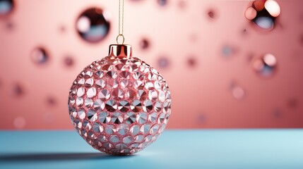 Shining pink Christmas luxurious modern ball in precious crystals on a pink background