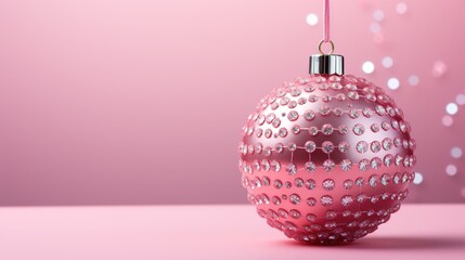 Shining pink Christmas luxurious ball in precious crystals on a pink background