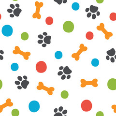 Fototapeta premium Seamless pattern with pet paw footprint, bone and dots. Vector illustration on white background. It can be used for wallpapers, wrappers, cards, patterns for clothes and others. 