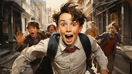 A painting of a man running down a street