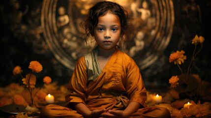 A little girl in a monk outfit sitting on a lotus flower, AI