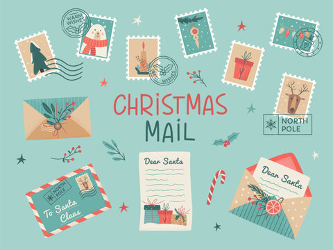Santa Claus mail, Christmas post stamps Stock Vector by ©Seamartini  227903340