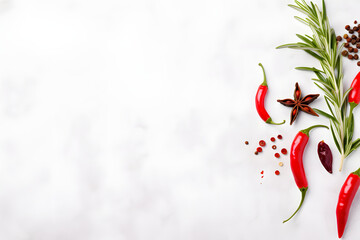Cooking frame border, Food banner design element, red hot chili pepper, Spices and herbs on white culinary paper background, different kind of spices 