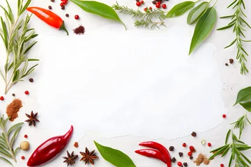 Foto op Canvas Cooking frame border, Food banner design element, red hot chili pepper, Spices and herbs on white culinary paper background, different kind of spices  © Kodjovi