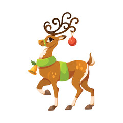 Cute Reindeer with Curved Antlers, Scarf and Bauble Standing Vector Illustration
