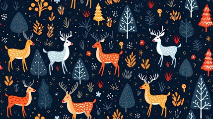  a pattern of deers and trees on a dark background.  generative ai