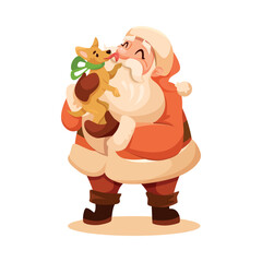 Funny Santa Character with White Beard and Red Hat Hold Dog Puppy Vector Illustration