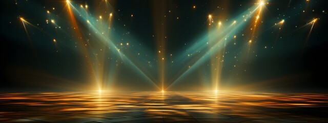 blue smoke and spotlights shine on stage floor in dark room, idea for background backdrop, abandon room or warehouse