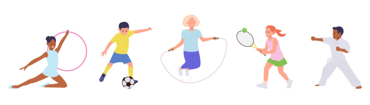 Children doing sport, playing football or tennis, practicing martial arts, jumping on skipping rope