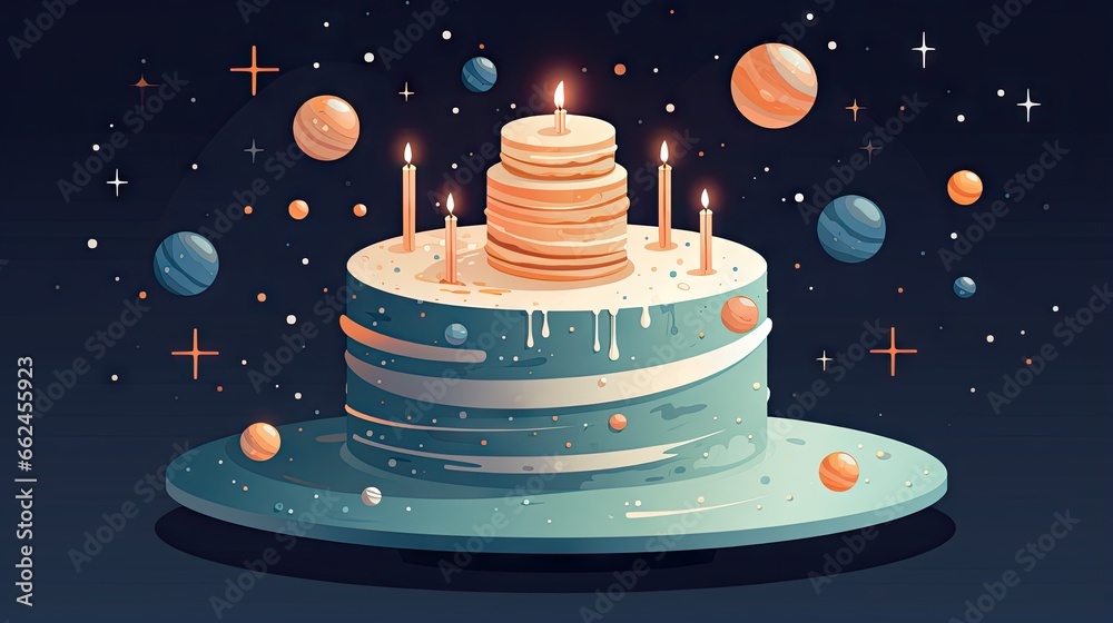 Poster a cake with candles on top of it with planets around it. generative ai