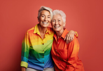Portrait of a Senior lesbian couple in colorful modern clothes, smiling and in love - obrazy, fototapety, plakaty