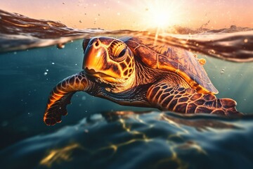 Closeup turtle swimming in natural ocean with sunlight through water surface. Generative AI