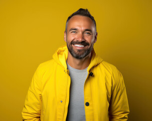 Obraz premium Portrait of a smiling man with beard in a yellow jacket on a yellow background