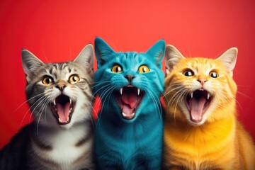 A group of cats sitting next to each other on a red background