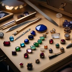 A close-up of a jewelers workbench with precious gemstones and tools4